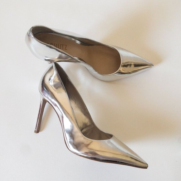 Schutz Lou Metallic Silver High Heel Pumps SZ 9  Pointed-Toe - Picture 1 of 10
